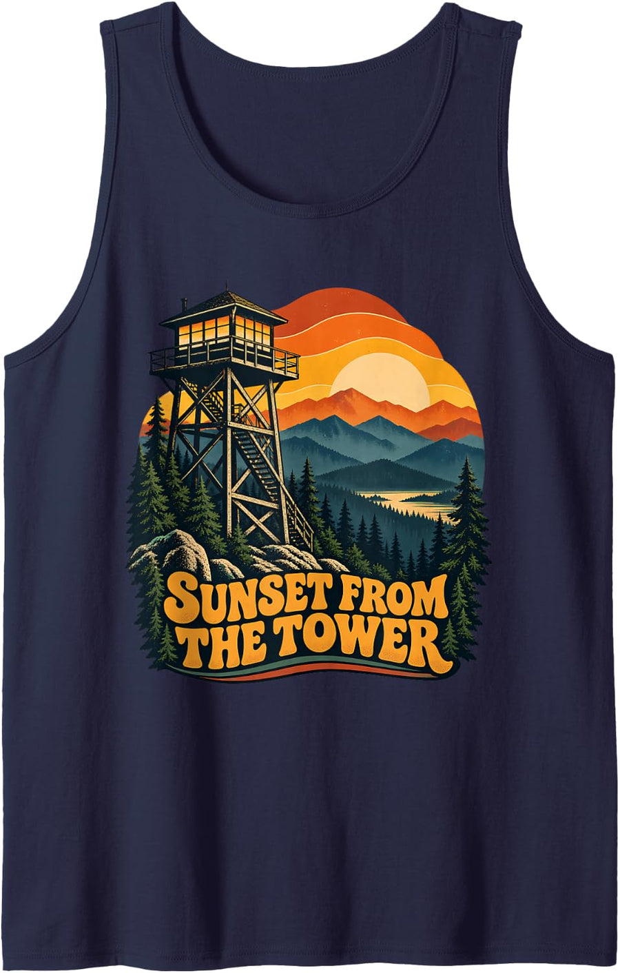 Sunset from The Tower Mountain Lookout Scene Sleeveless Tank Top - Navy Blue