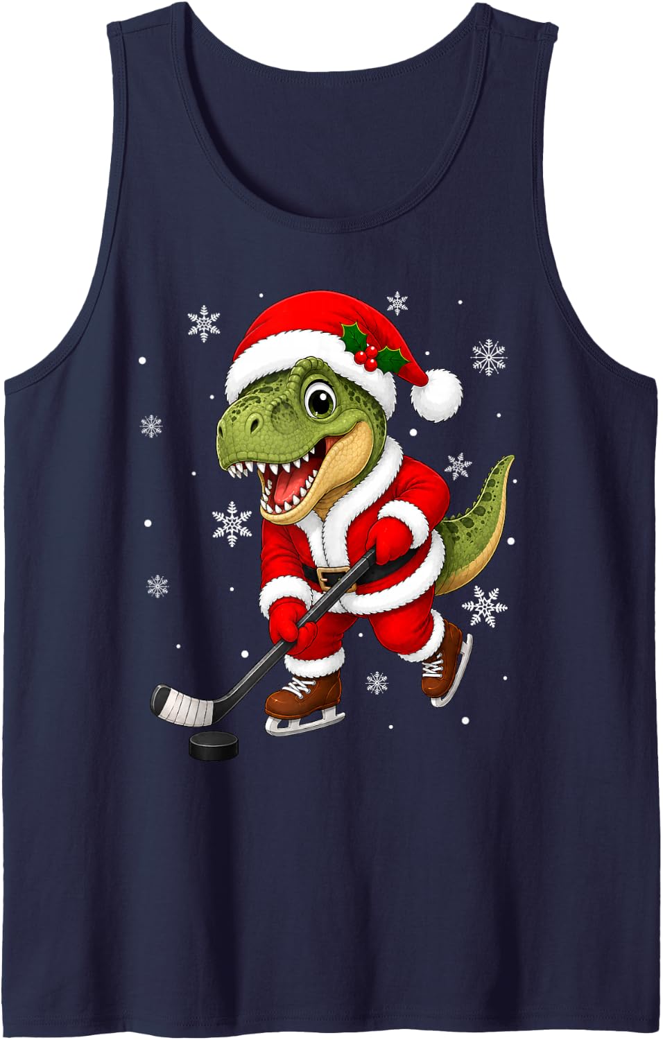 Cute Santa Dinosaur Plays Ice Hockey Christmas Dino Sleeveless Tank Top - Navy Blue