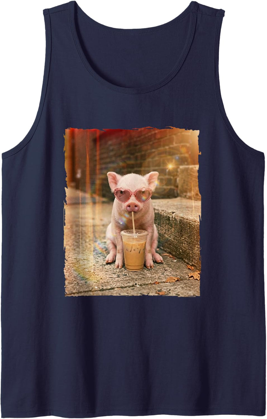 Cool Retro Bubble Tea Sunglasses Pig Sleeveless Tank Top - Navy Blue