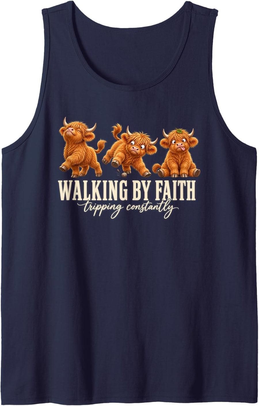 Clumsy Highland Calves Walking By Faith Tripping Constantly Sleeveless Tank Top - Navy Blue