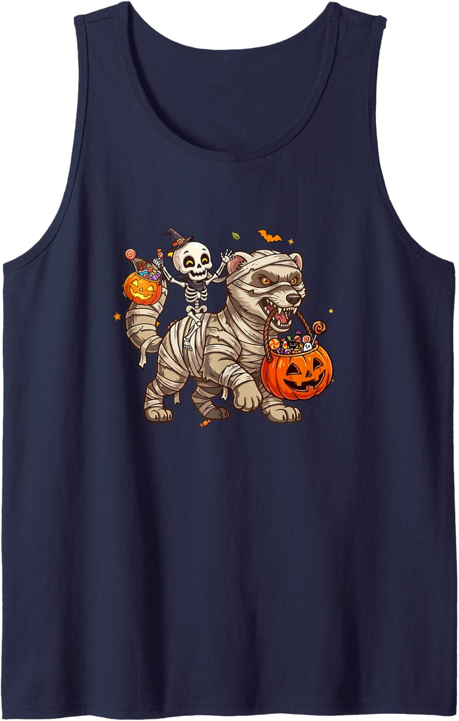 Skeleton Riding Ferret As Mummy Halloween Candies Basket Tank Top - Navy Blue