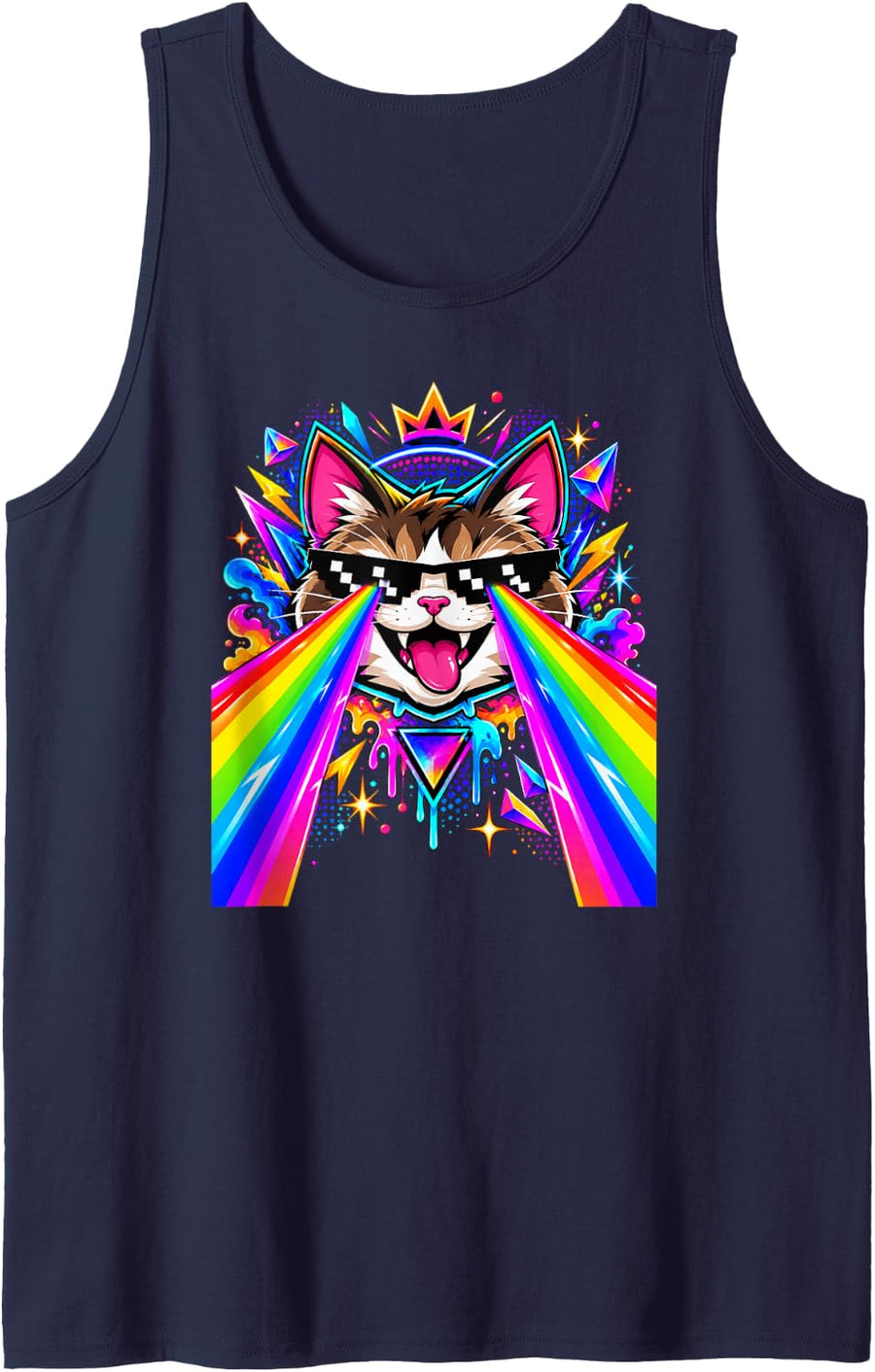 Rainbow Laser Cat Retro Gaming Colorful Funny Cat Art Sleeveless Tank Top - Navy Blue