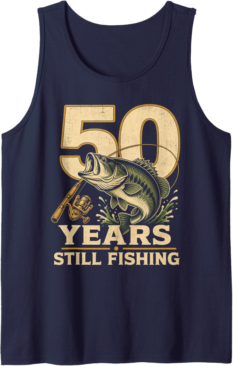 50 Years Still Fishing Bass Angler Anniversary Sleeveless Tank Top - Navy Blue