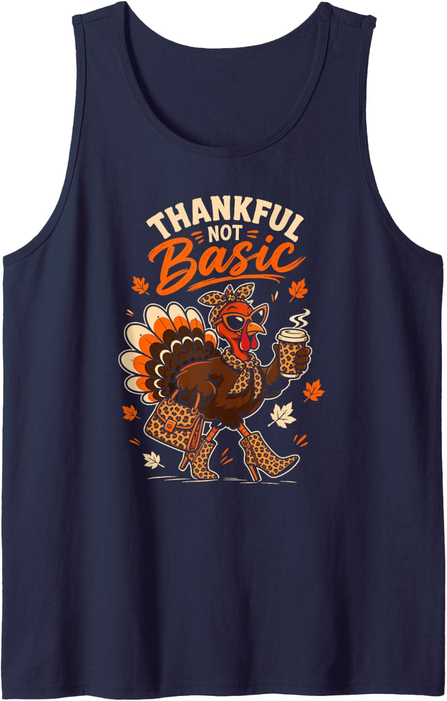 Thankful NOT Basic Leopard Print Turkey Thanksgiving Sleeveless Tank Top - Navy Blue