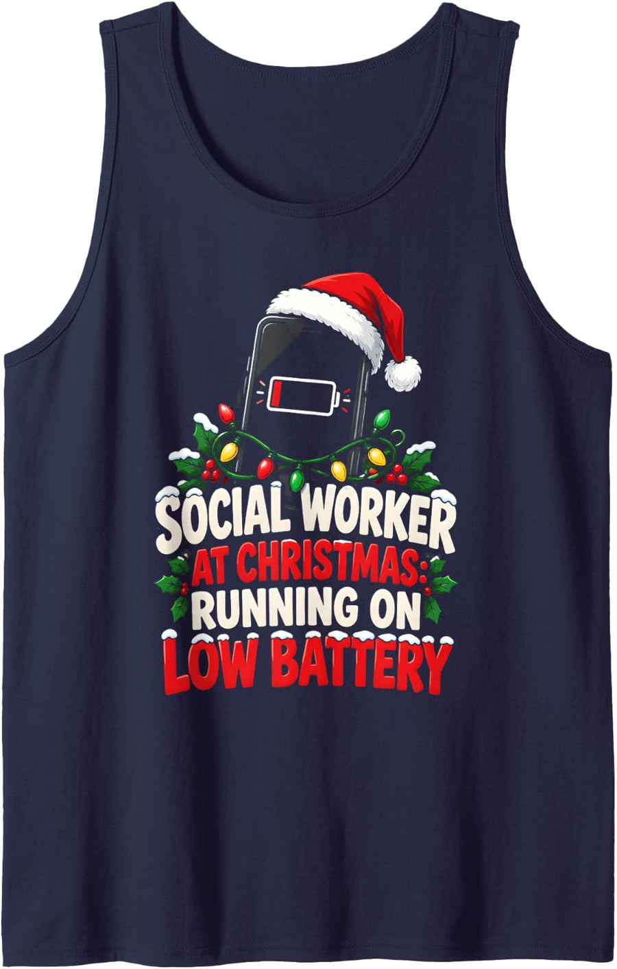 Social Work Christmas Running On Low Battery Funny Holiday Sleeveless Tank Top - Navy Blue