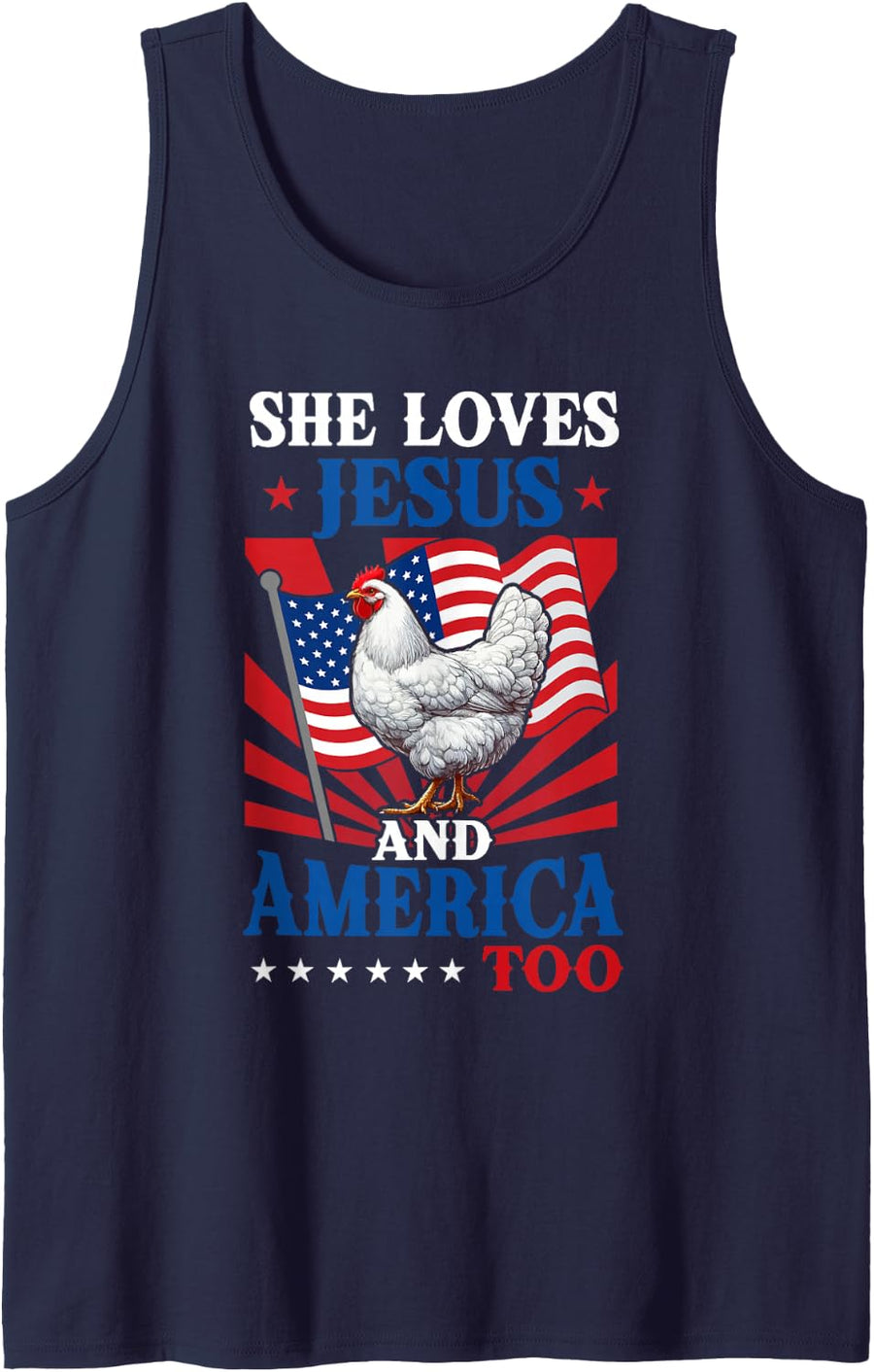 She Loves Jesus and America 4th of July US Flag Chicken Sleeveless Tank Top - Navy Blue
