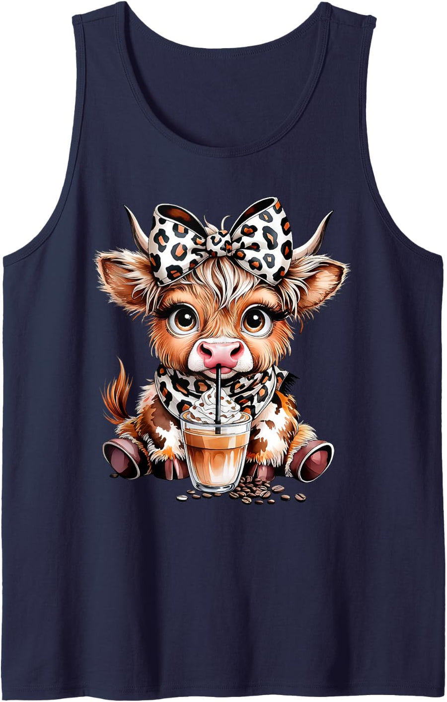 Leopard Coquette Bow Coffee Addict Highland Cow Drink Coffee Sleeveless Tank Top - Navy Blue