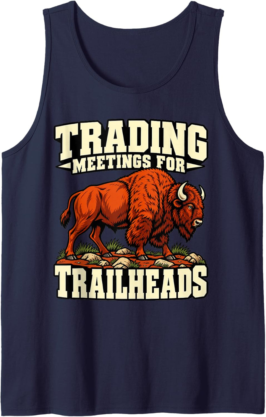 National Park Trading Meetings for Trailheads Hiker Bison Sleeveless Tank Top - Navy Blue