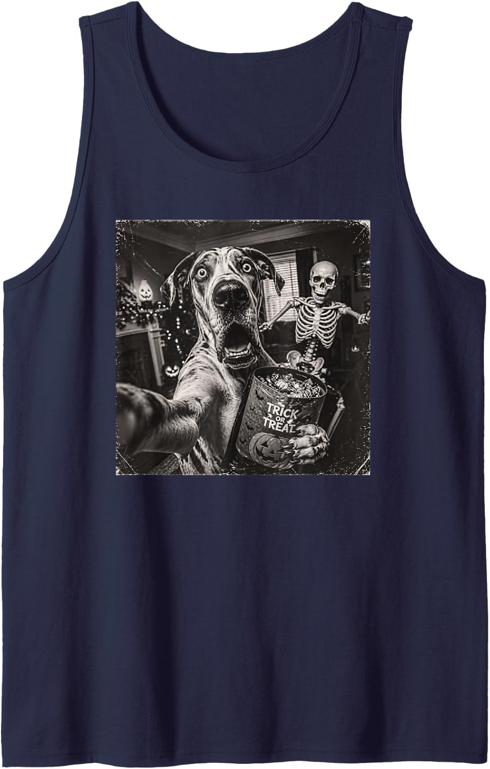 Halloween Great dane Selfie Scary Skeleton Dog Lover Spooky Sleeveless Tank Top - Navy Blue