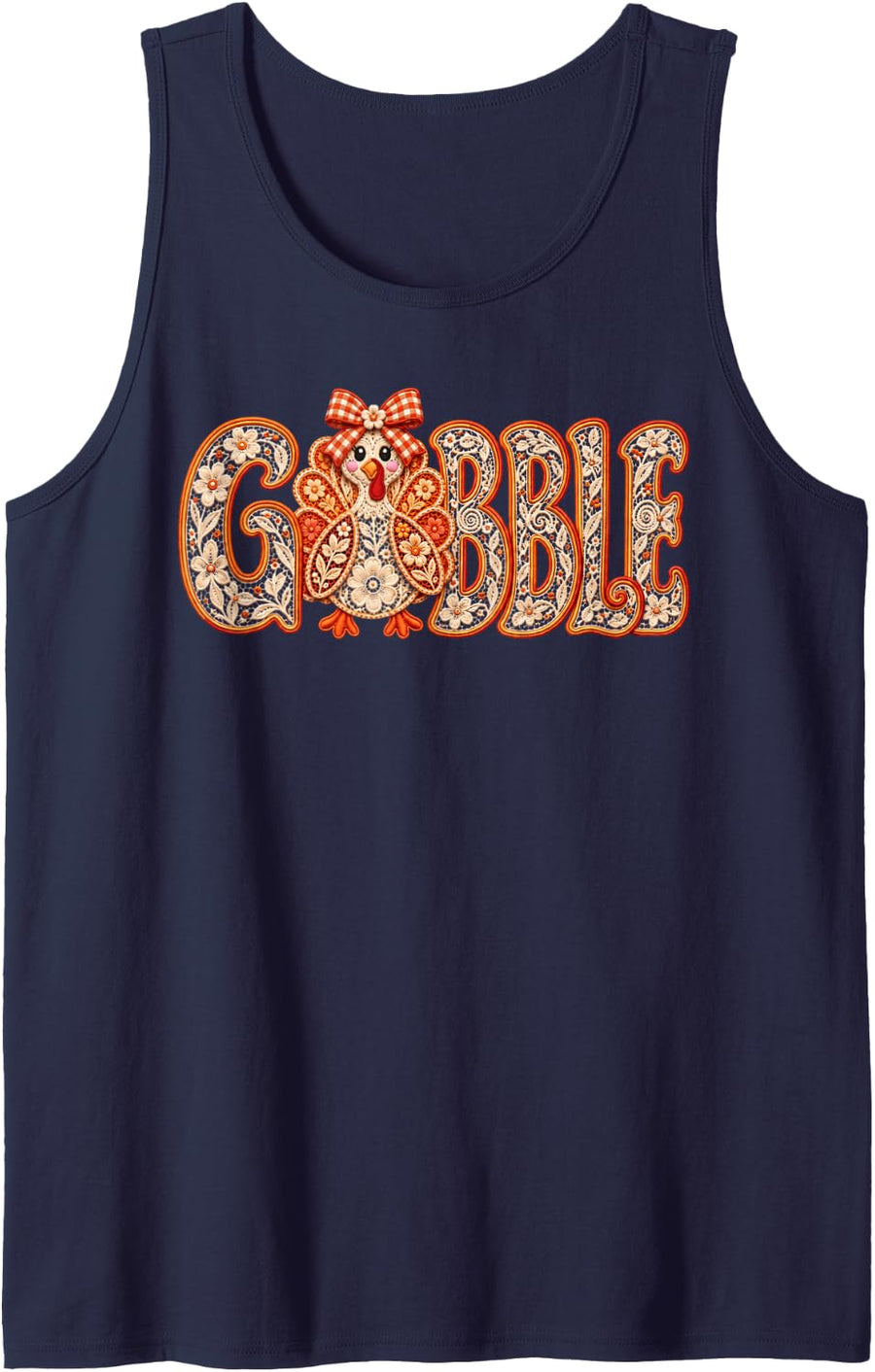 Gobble Floral Lace Turkey Thanksgiving Cute Fall Autumn Sleeveless Tank Top - Navy Blue