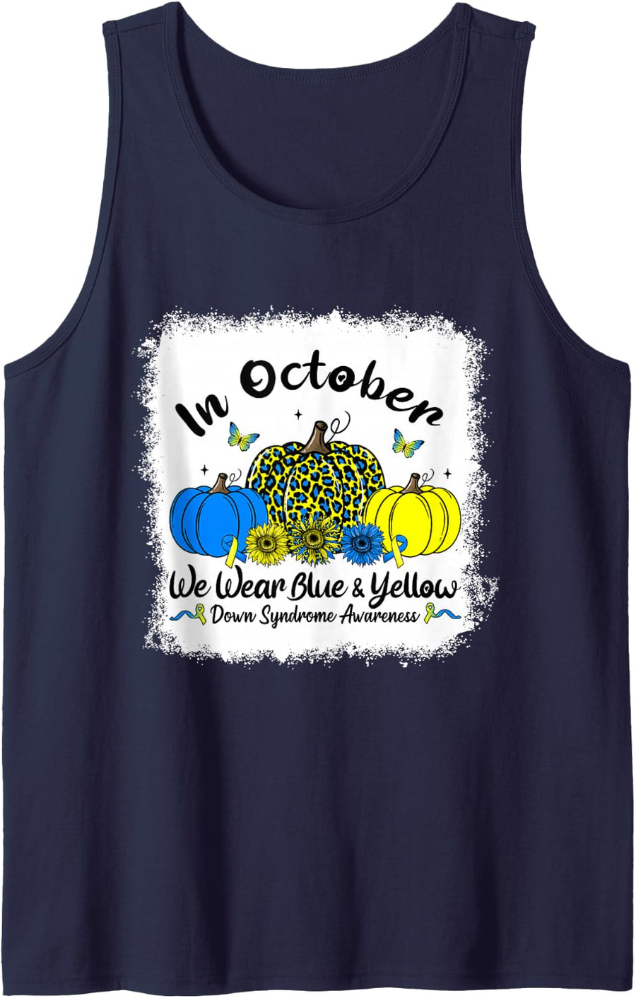 in October We Wear Blue and Yellow Down Syndrome Bleached Sleeveless Tank Top - Navy Blue