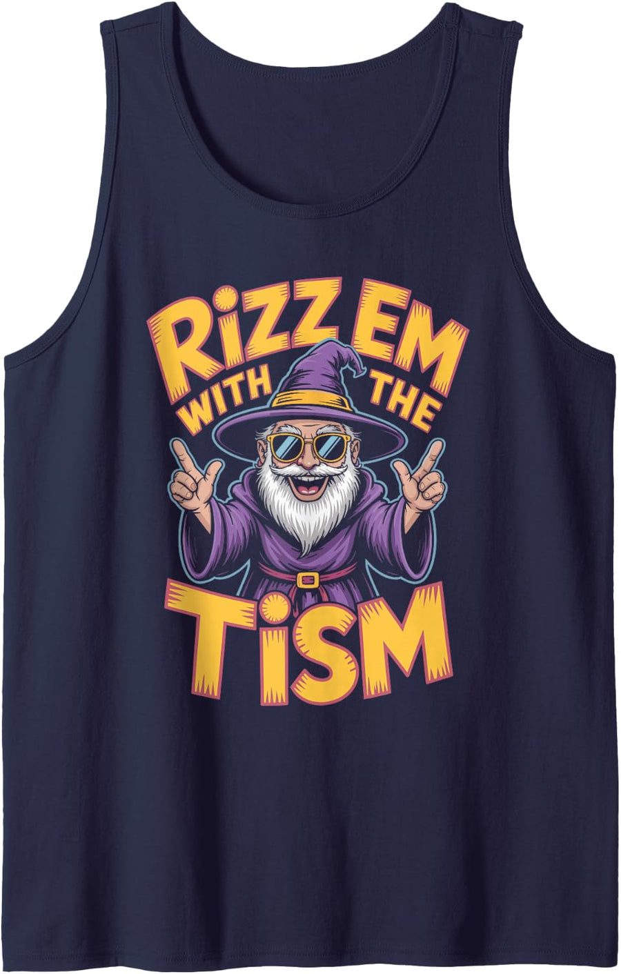Synthwave Wizard with Skateboard Graphic Tank Top - Navy Blue