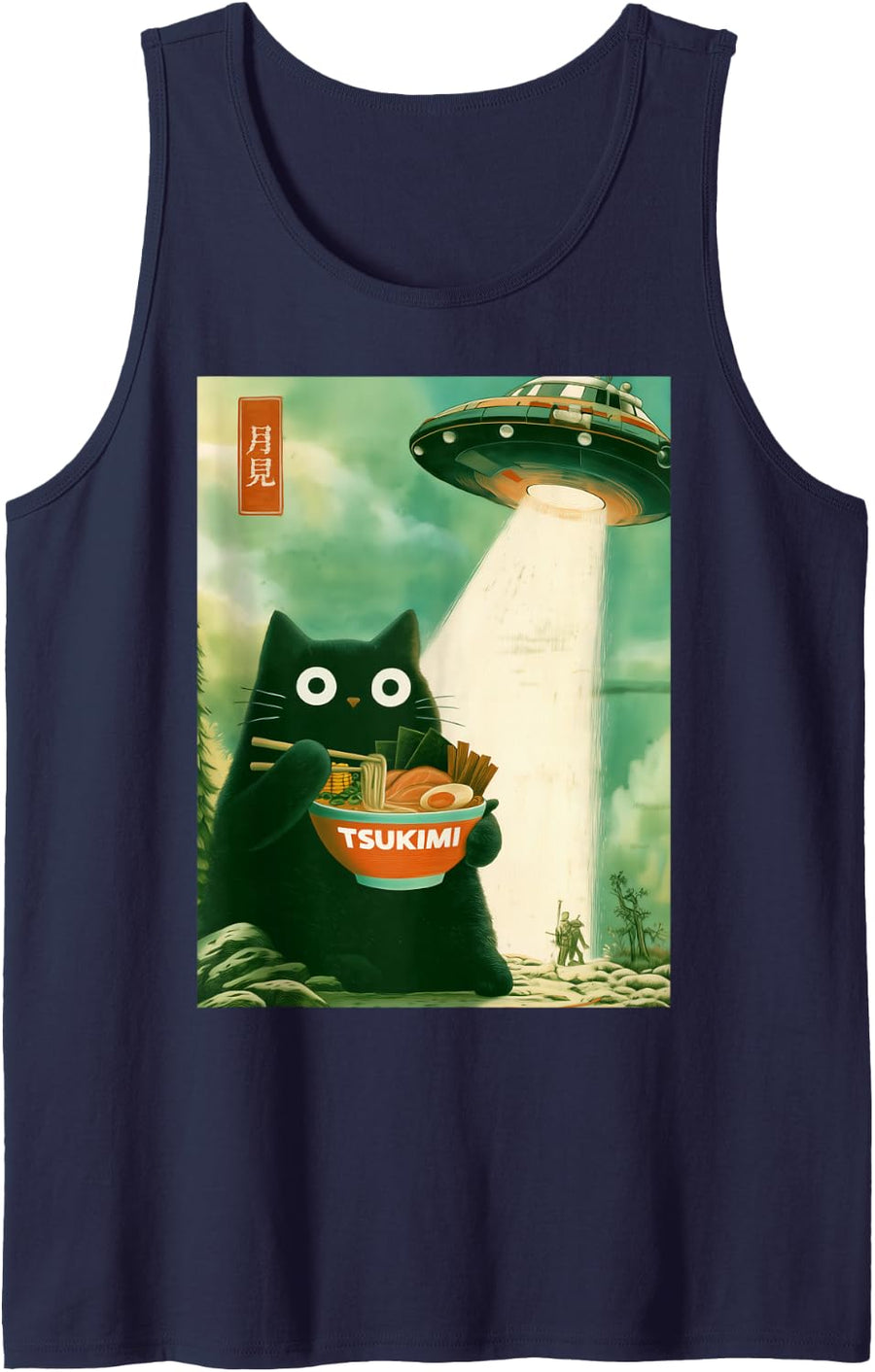 Cute Funny Japanese Cat Eating Ramen Noodles UFO Abduction Sleeveless Tank Top - Navy Blue