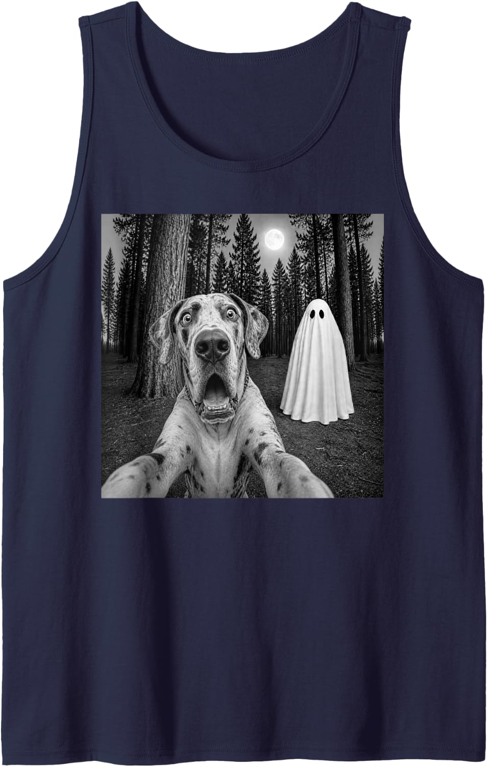 Spooky Great Dane Selfie with Ghost Halloween Dog Sleeveless Tank Top - Navy Blue