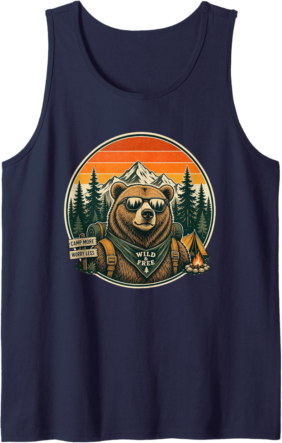 Camp More Worry Less Wild and Free Bear Camping Sleeveless Tank Top - Navy Blue