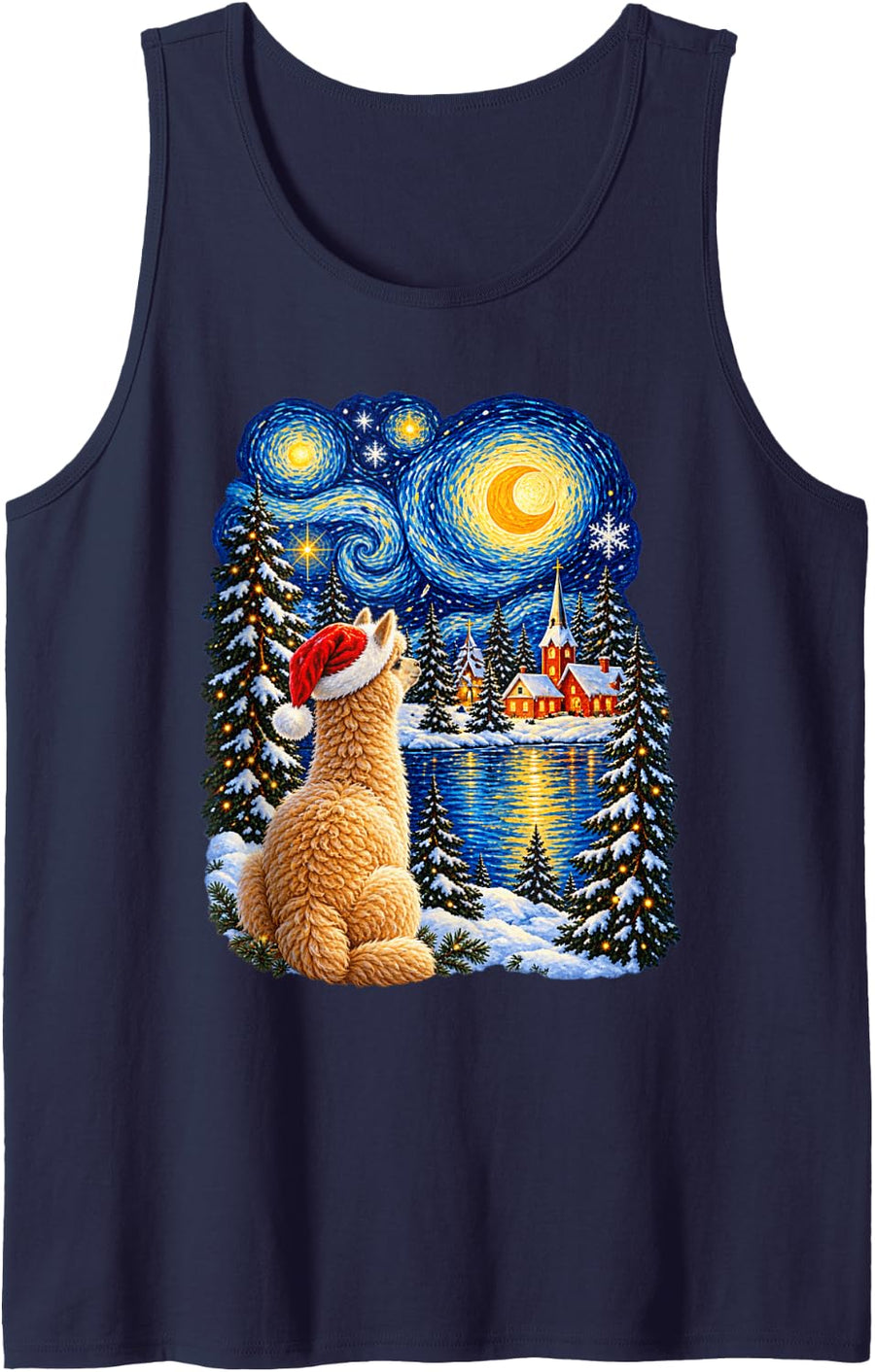 Christmas Alpaca Dreamy Santa Hat Winter Stars Men Women Sleeveless Tank Top - Navy Blue