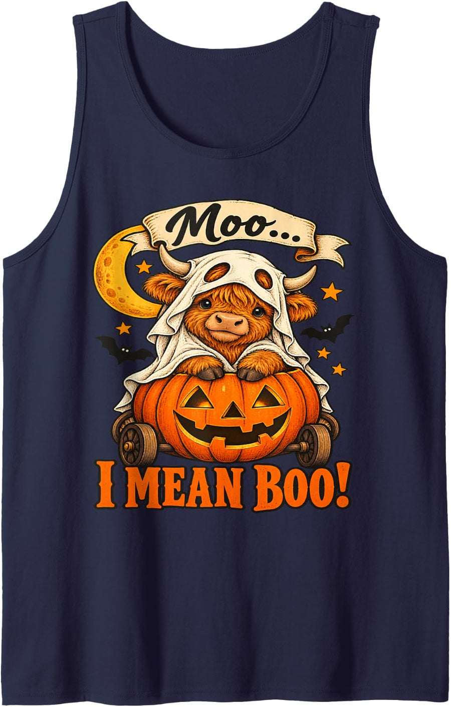 Moo... I Mean Boo! Cute Highland Cow Ghost Halloween Sleeveless Tank Top - Navy Blue