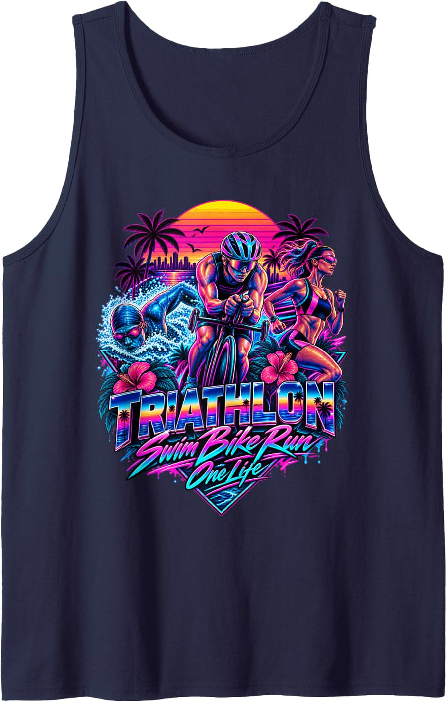 Triathlon Swim Bike Run One Life Synthwave Sunset Sleeveless Tank Top - Navy Blue