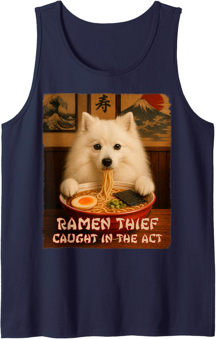 Funny Dog Tee - Japanese Spitz - Ramen Dog Thief Tank Top - Navy Blue