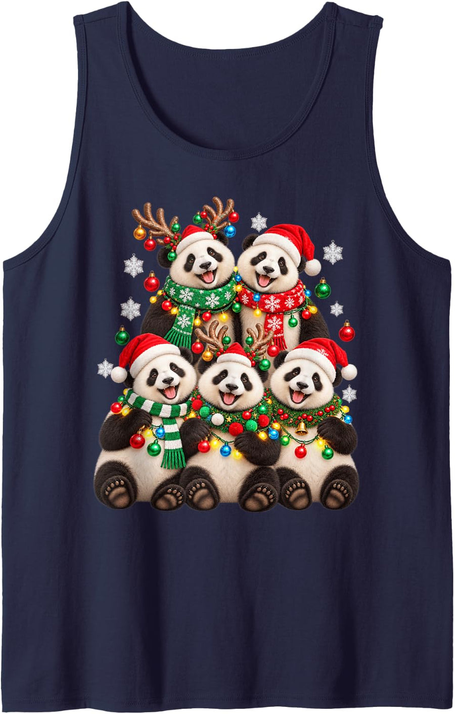 Christmas Lights Panda Santa Funny Xmas Trees Sleeveless Tank Top - Navy Blue