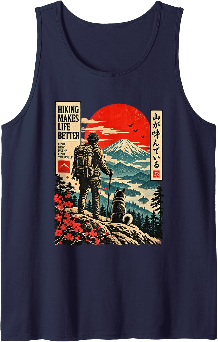 Mount Fuji Hiking Dog Find New Paths Find Yourself Gift Sleeveless Tank Top - Navy Blue