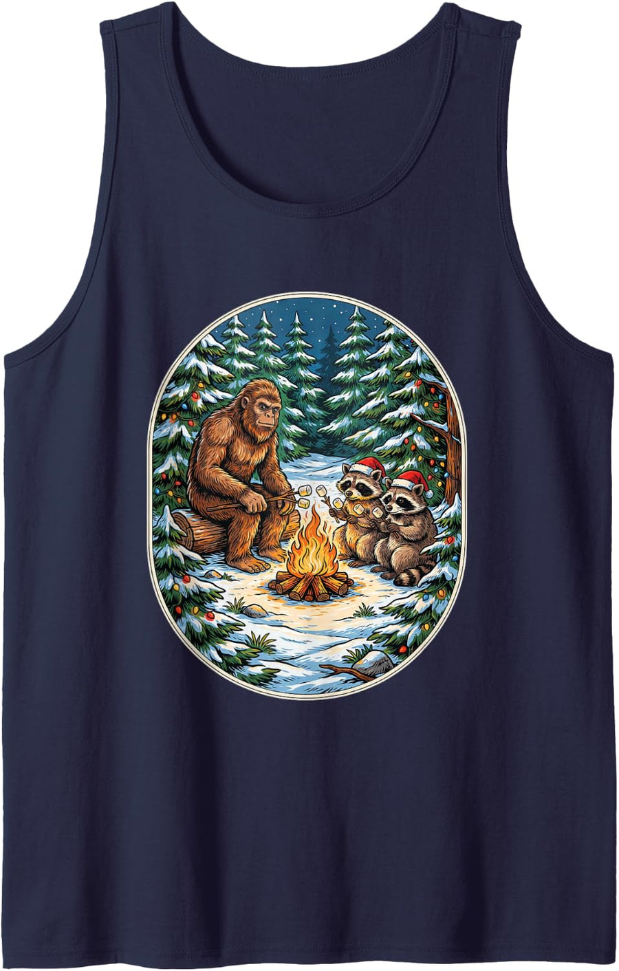 Sasquatch Raccoons Campfire Marshmallows Christmas Camping Sleeveless Tank Top - Navy Blue