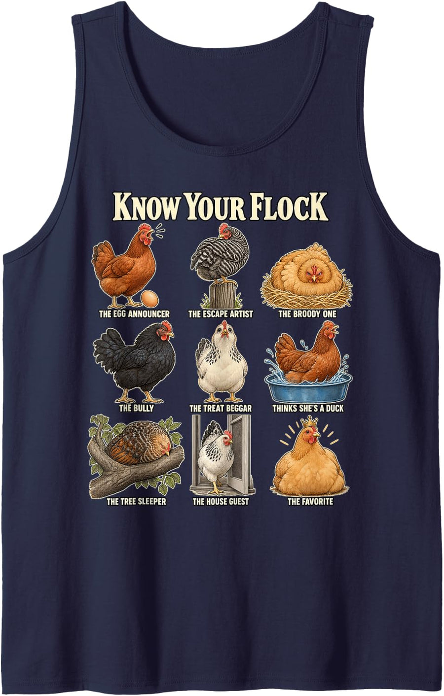 Know Your Flock Funny Chicken Personalities Hen Chart Sleeveless Tank Top - Navy Blue