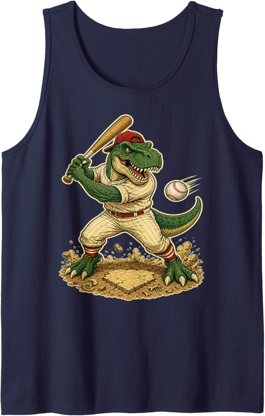 T Rex Baseball Player Funny Dinosaur Vintage Sports Sleeveless Tank Top - Navy Blue