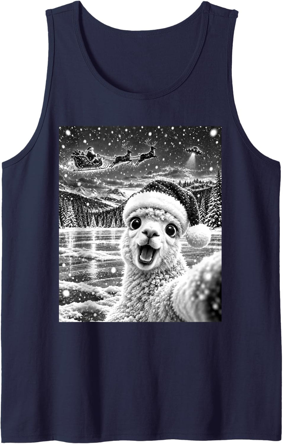 Alpaca Selfie with Santa Funny Christmas Men Women Kids Sleeveless Tank Top - Navy Blue