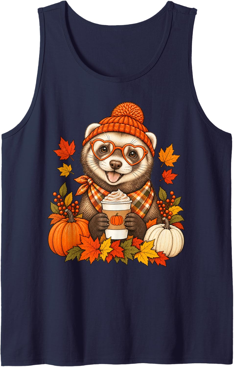Ferret Fall Autumn Season Pumpkin Spice Sleeveless Tank Top - Navy Blue