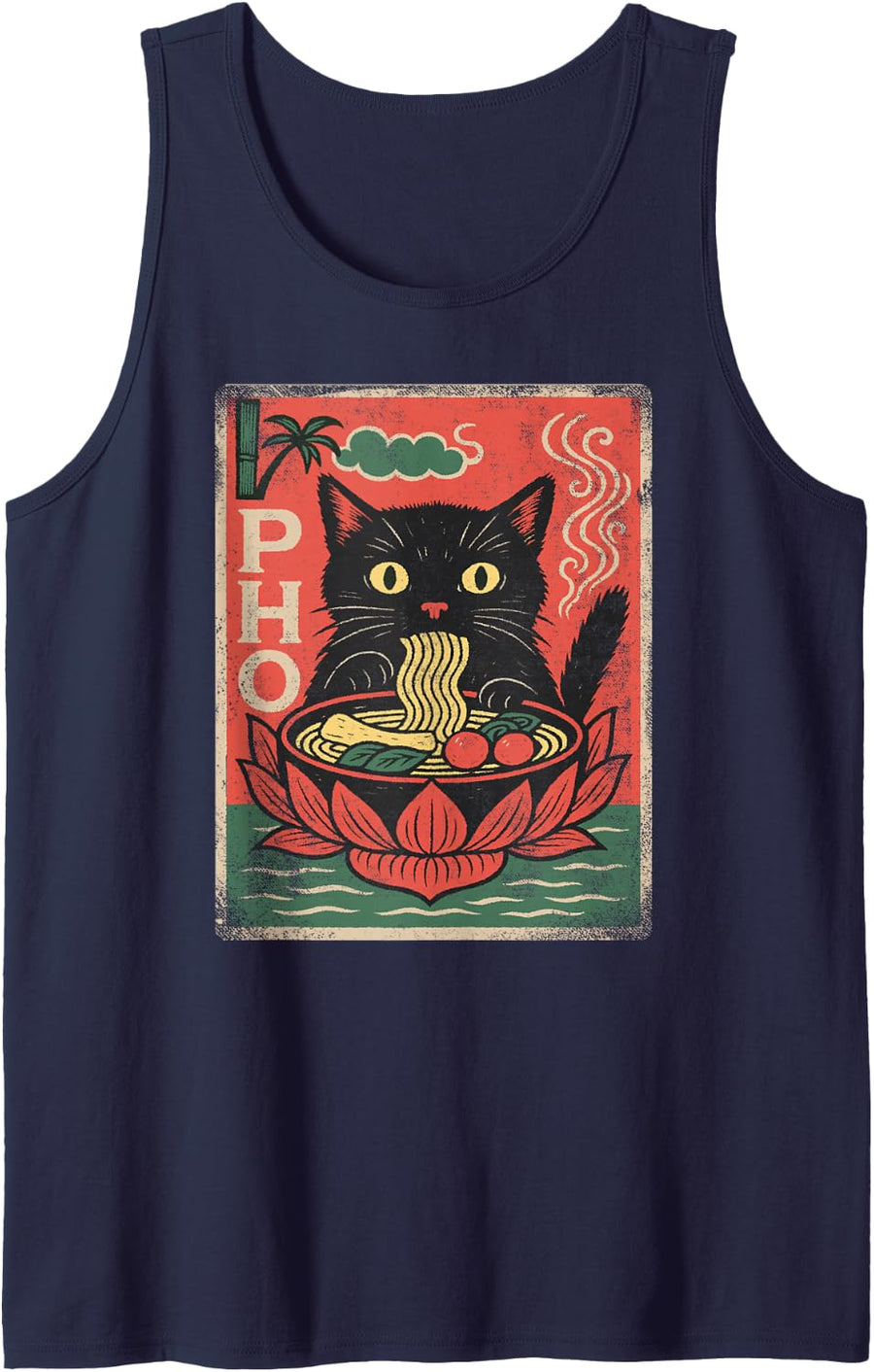 Retro Tradition Artwork Funny Cat Pho Noodle Vietnamese Food Sleeveless Tank Top - Navy Blue