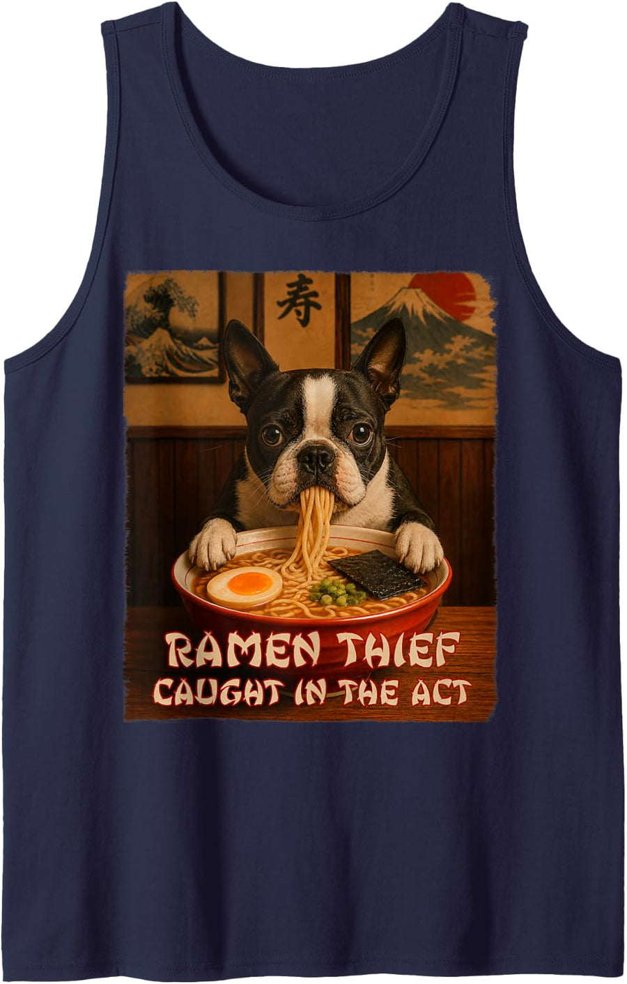 Funny Dog Tee - Boston Terrier - Ramen Dog Thief Tank Top - Navy Blue