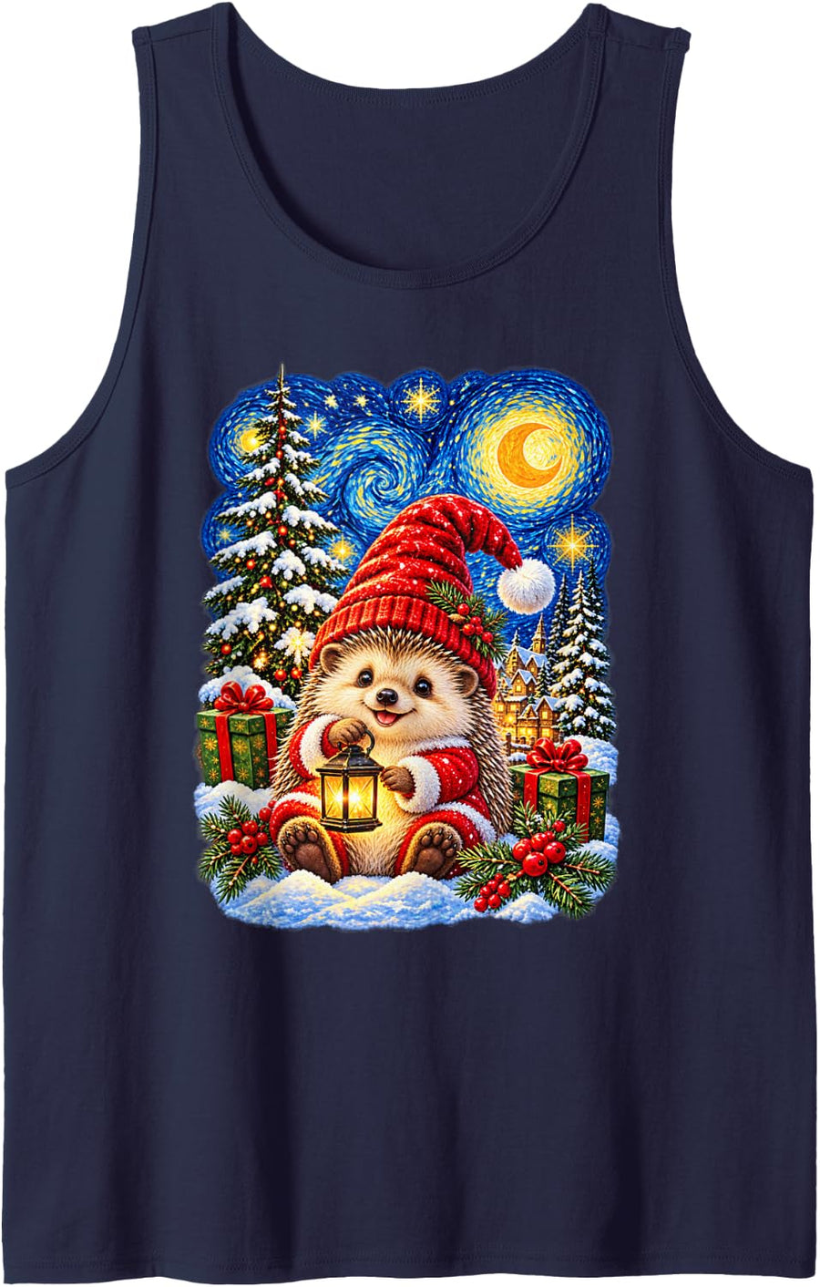 Christmas Hedgehog Van Gogh Starry Sky for Men Women Sleeveless Tank Top - Navy Blue