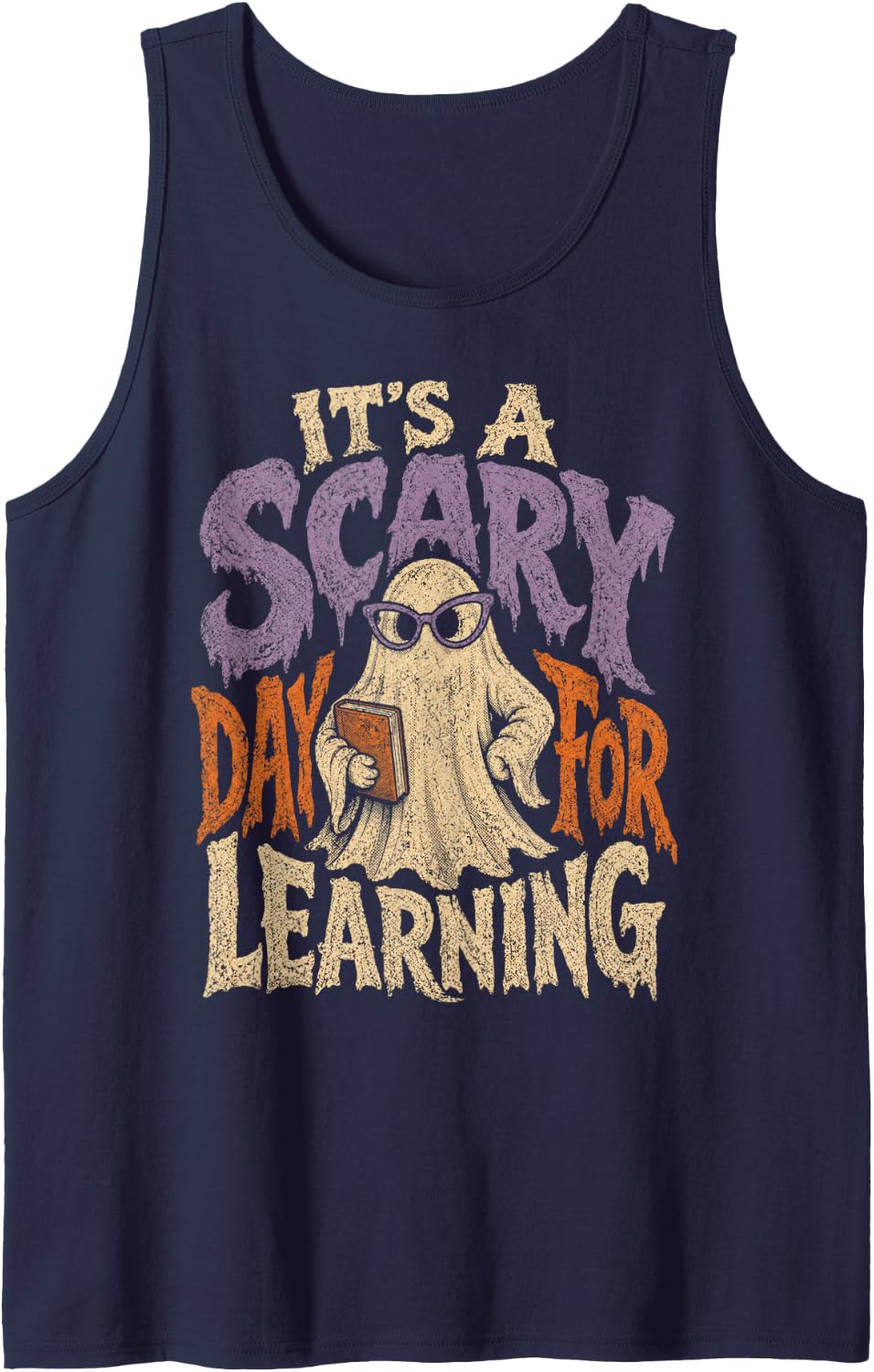 Funny Teacher Halloween Shirt It's a Scary Day for Learning Sleeveless Tank Top - Navy Blue