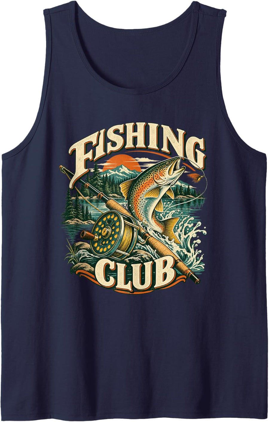 Vintage Fishing Club Trout Angler Reel Sleeveless Tank Top - Navy Blue