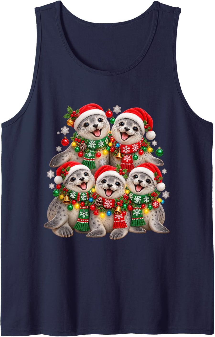 Christmas Lights Seal Santa Funny Xmas Trees Sleeveless Tank Top - Navy Blue