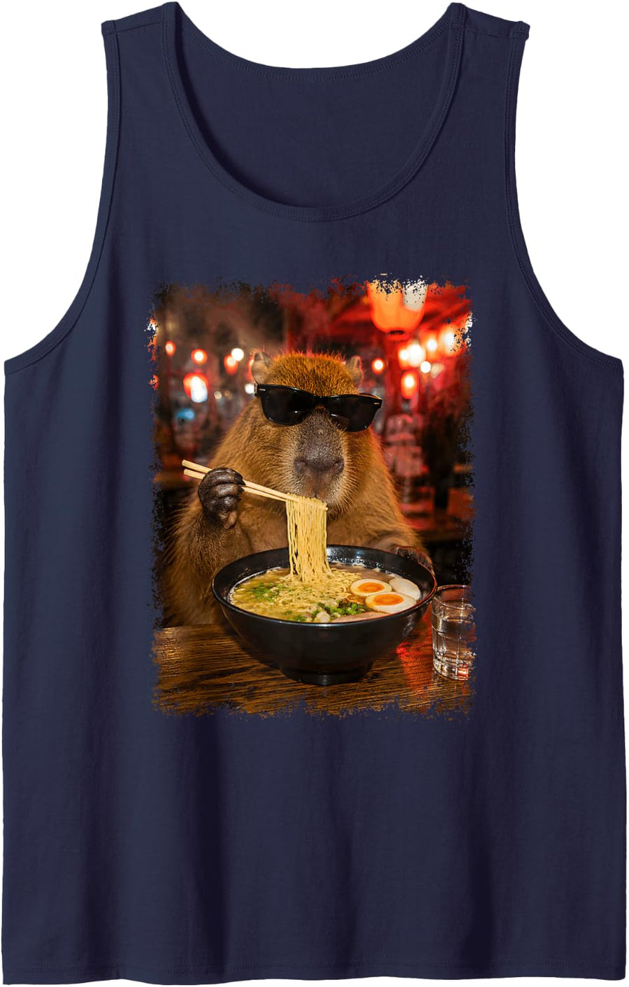 Capybara Eating Ramen Funny Animal Meme Photo Sunglasses Tank Top - Navy Blue