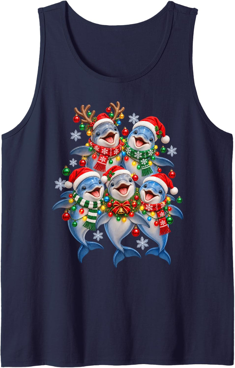 Christmas Lights Dolphin Santa Funny Xmas Trees Sleeveless Tank Top - Navy Blue