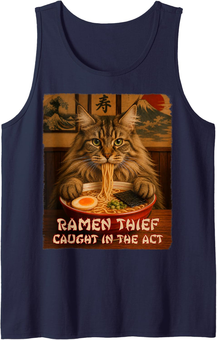 Maine Coon Ramen Cat - Ramen Thief - Grunge Tank Top - Navy Blue