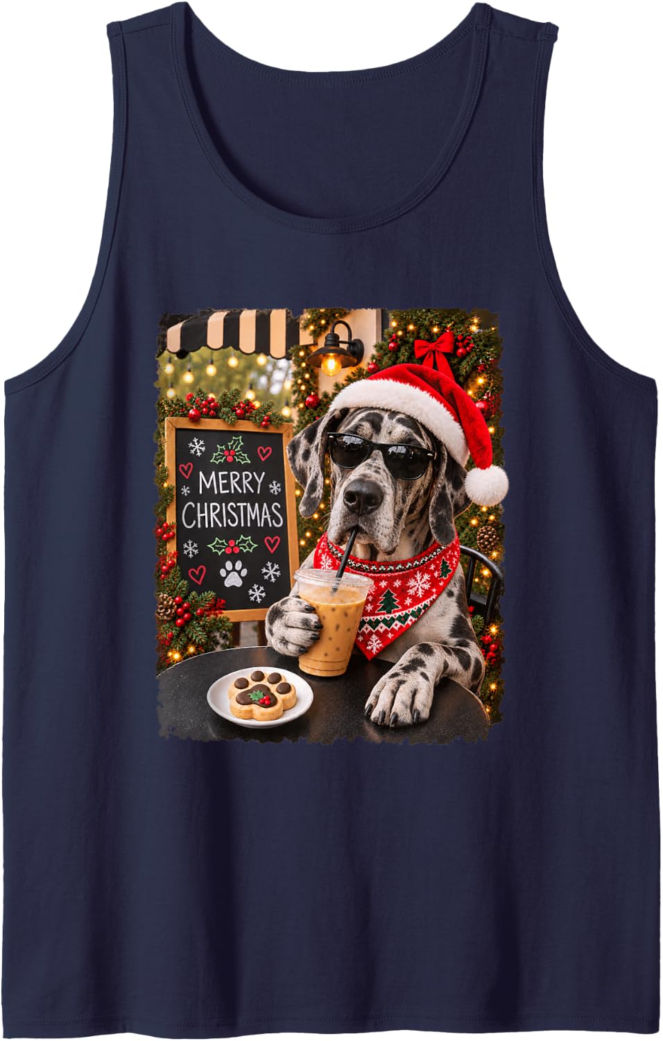 Merry Christmas Chill Great Dane Coffee Santa Hat Holiday Sleeveless Tank Top - Navy Blue