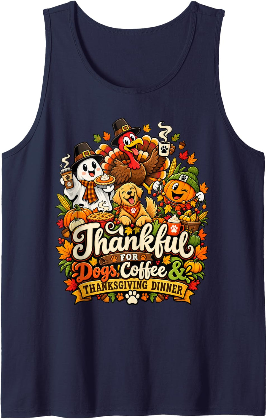Thankful for Dogs Coffee Thanksgiving Turkey Dinner Funny Sleeveless Tank Top - Navy Blue