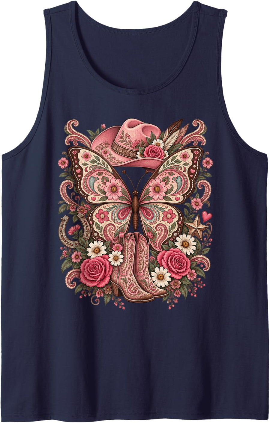 Pink Cowgirl Butterfly Boots Western Floral Sleeveless Tank Top - Navy Blue