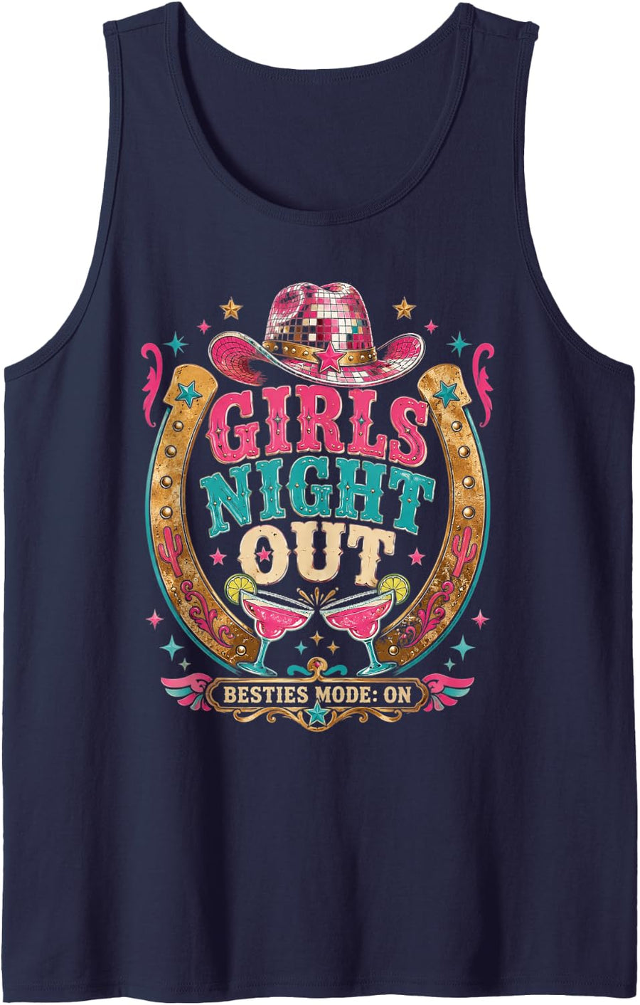 Western Disco Cowgirl Hat Besties Mode On Bachelorette Tank Top - Navy Blue