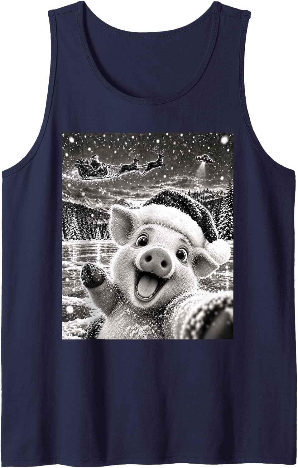 Pig Selfie with Santa Funny Christmas Men Women Kids Sleeveless Tank Top - Navy Blue