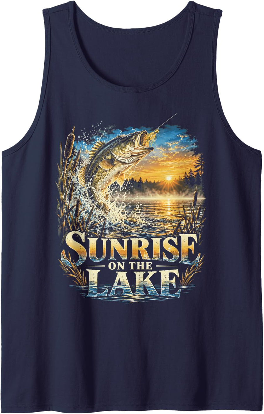 Fishing Bass Season Sunrise On The Lake Largemouth Angler Sleeveless Tank Top - Navy Blue
