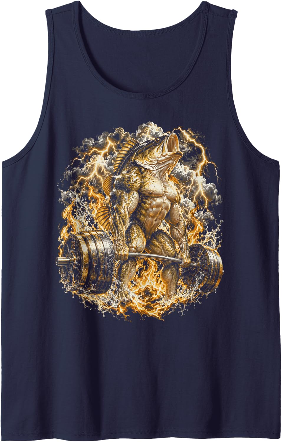 Fishing Bass Season Muscle Fish Deadlift Lightning Fire Sleeveless Tank Top - Navy Blue