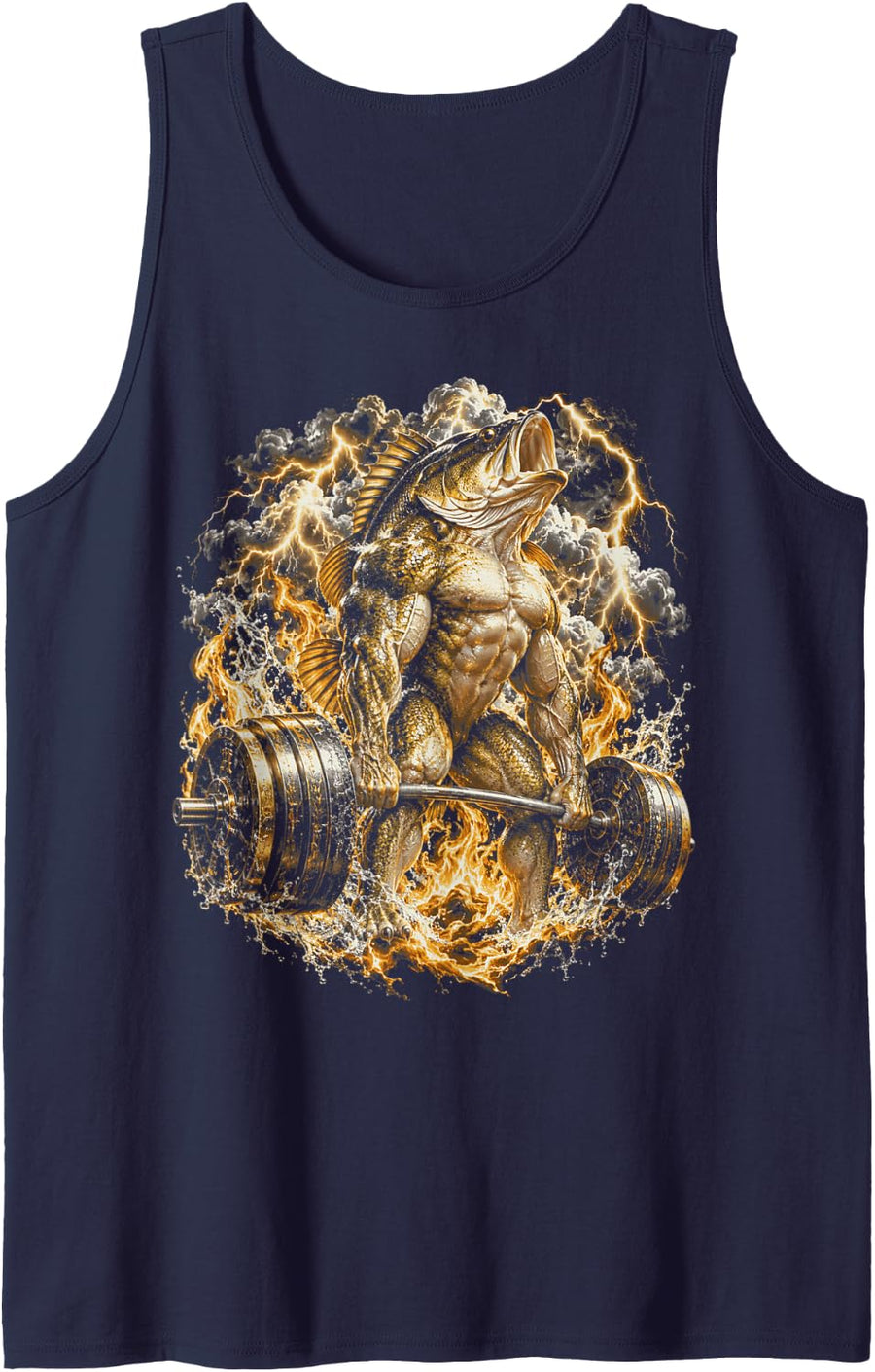Fishing Bass Season Muscle Fish Deadlift Lightning Fire Sleeveless Tank Top - Navy Blue