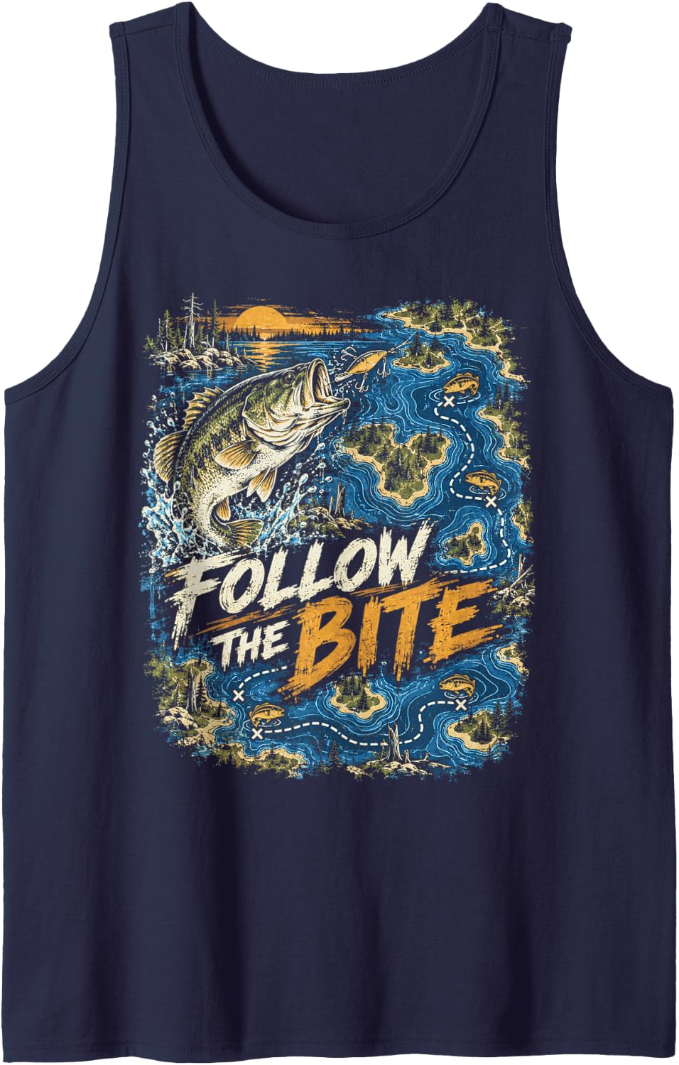 Fishing Bass Season Follow The Bite Lake Map Sleeveless Tank Top - Navy Blue