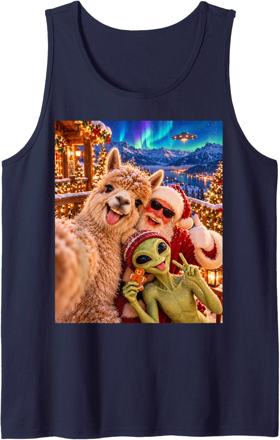 Alpaca Grinning Christmas Selfie with Santa and Alien Sleeveless Tank Top - Navy Blue
