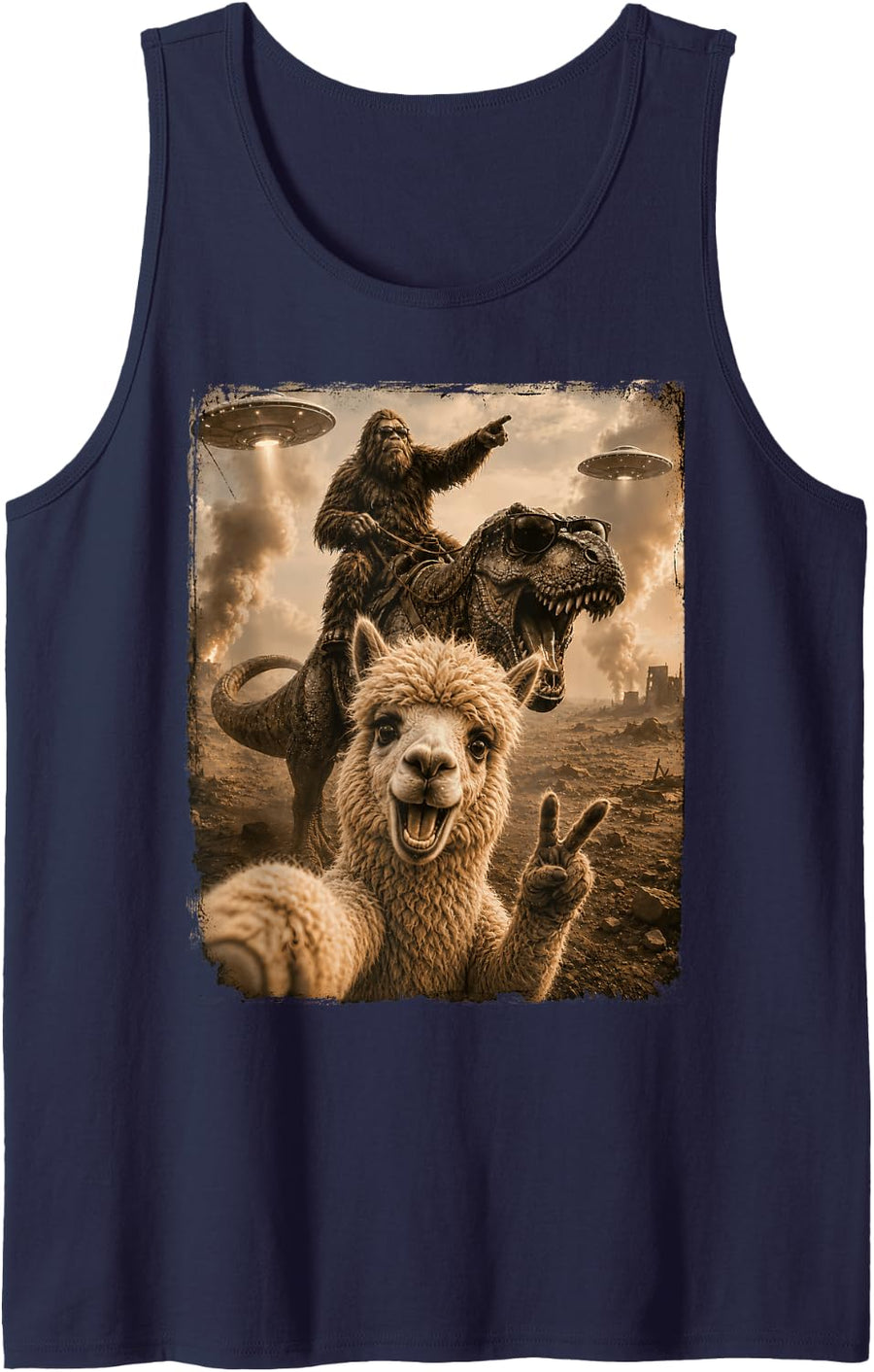 Alpaca Selfie Bigfoot T Rex UFO Funny Men Women Kid Humor Sleeveless Tank Top - Navy Blue